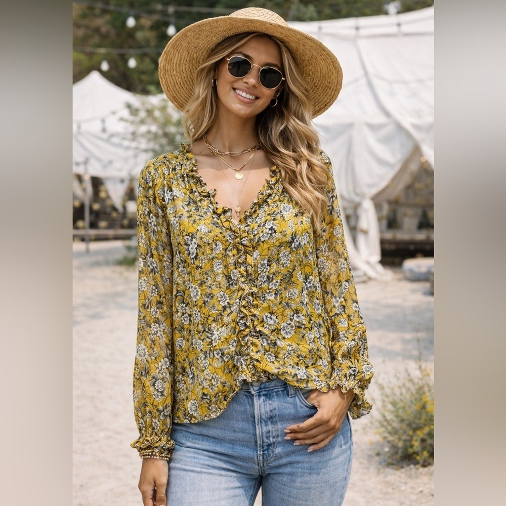 Zara Floral Jacquard Blouse XS Butter Yellow Ruffle Semi Sheer Boho Fairy Top
